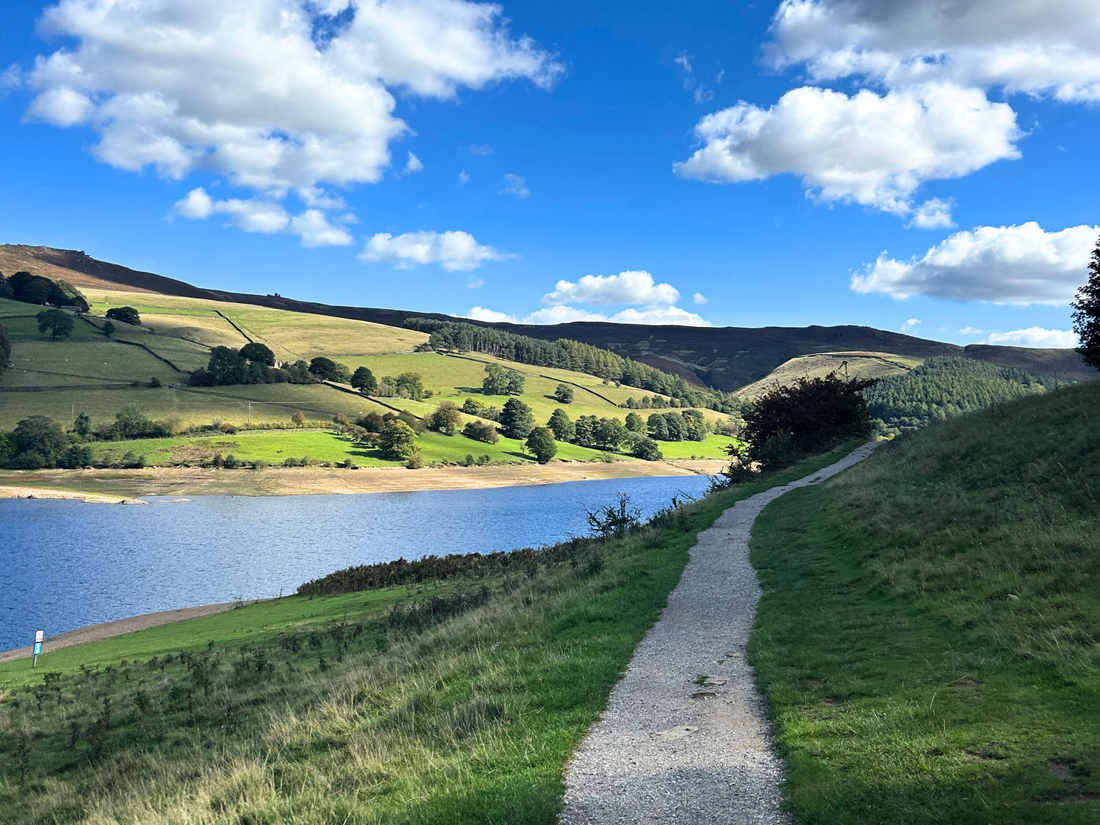 Easy walk around Ladybower Reservoir, with view of the water, path and surrounding green hills