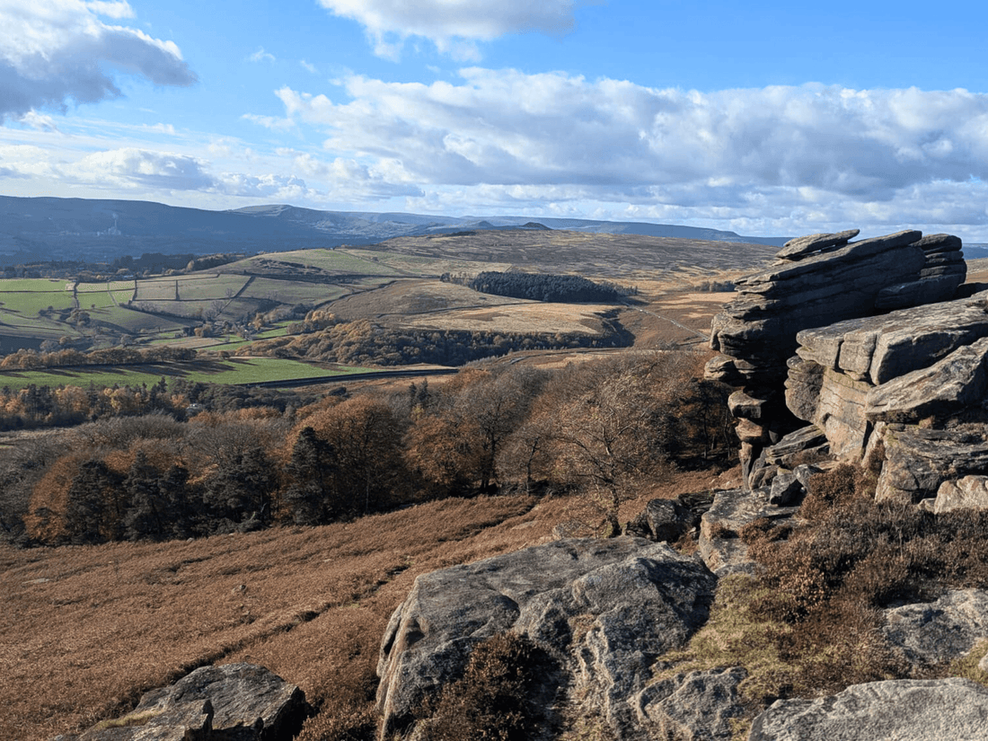 Stanage Edge in the Peak District with gritstone rock formations and wide views over the Hope Valley