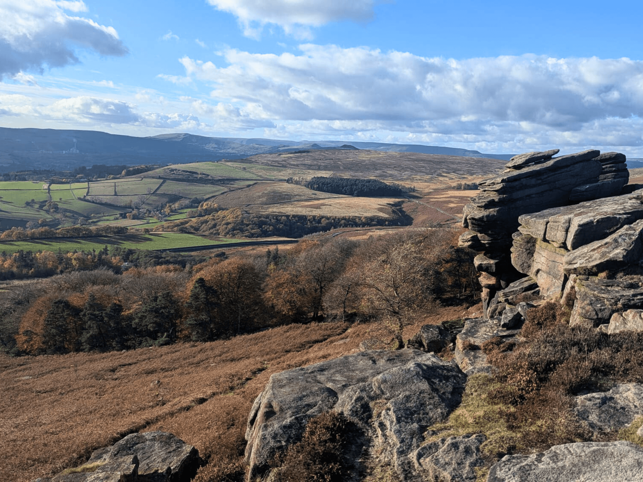 Stanage Edge in the Peak District with gritstone rock formations and wide views over the Hope Valley