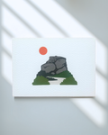 Peak District Art Print featuring a gritstone rock formation and a sun, printed on textured card.